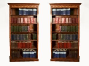 Vintage Pair Sheraton Style Burr Walnut Open Bookcases Late 20th C