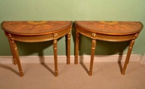 Bespoke Pair Sheraton Revival Giltwood Half Moon Marquetry Console Tables