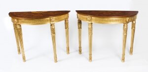 Vintage Pair Giltwood Half Moon Marquetry Console Tables 20th C