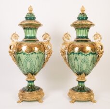 Pair of 4ft Green Cut Glass, Enamelled & Ormolu Vases | Ref. no. 06080 | Regent Antiques