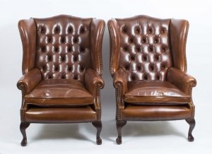 Pair Leather Ball Claw Wing Back Chairs Armchairs  Tan | Ref. no. 06566 | Regent Antiques