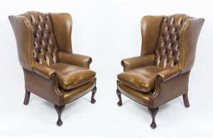 Bespoke Pair Leather Chippendale Wingback Armchairs Saddle