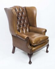 Bespoke Leather Chippendale Wingback Chair Armchair yellow tan