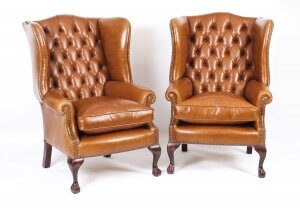 Bespoke Chippendale Armchairs Chestnut Leather Wingback Style