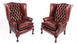 Bespoke Pair Leather Chippendale Wingback Armchairs Murano Port