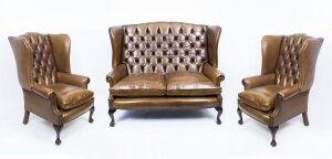 Bespoke English Hand Made 3 x Leather Suite Chippendale Hazel