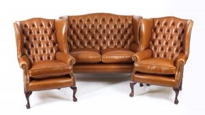 Bespoke English Hand Made 3 x Leather Suite Chippendale Bruciato