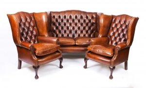 Bespoke English Hand Made 3 x Leather Suite Chippendale Burnt Amber | Ref. no. 06749ba | Regent Antiques