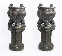 Huge Pair Solid Bronze Classical Jardinieres on Stands