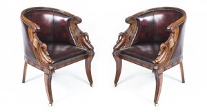 Vintage Pair Empire  Mahogany Leather Tub  Armchairs | Ref. no. 06929 | Regent Antiques