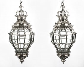 Pair Versailles Huge Silver Bronze Diamond Baluster Lanterns