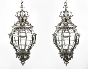 Vintage Pair Versailles Silver Bronze Diamond Baluster Lanterns 20th C