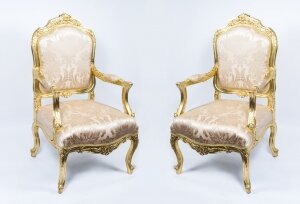 Vintage Pair Louis XV Revival French Gilded Armchairs 20th C