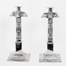 Pair Exquisite Silver Plated Mexican Aztec Style Candlesticks | Ref. no. 07365 | Regent Antiques