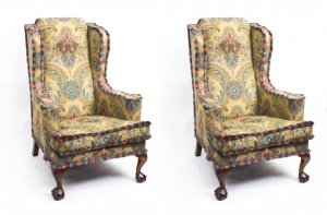 Antique Pair Wing Armchairs Foliate Upholstery Liberty &CoC1920 | Ref. no. 08137 | Regent Antiques
