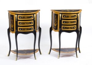 Pair Half Moon Ebonised Marquetry Bedside Chests Cabinets | Ref. no. 08156 | Regent Antiques