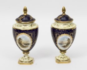 Antique Pair Coalport Urnular Vases & Covers Lock Lomond & Loch Achray  C1900 | Ref. no. 08228 | Regent Antiques