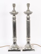 Antique Monumental Pair Silver Plated Art Deco Table Lamps 20th C