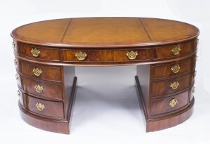 Bespoke Large Oval Flame Mahogany Partners Pedestal Desk