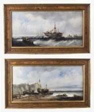 Antique Pair Seascape Oil Paintings Fishing Boats 19th century