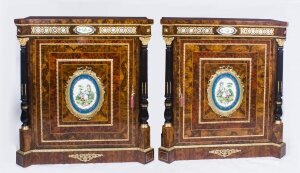 Vintage Pair Burr Walnut & Sevres Porcelain Pier Cabinets 20th C