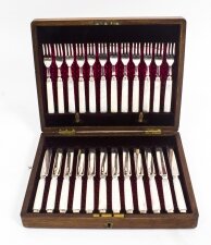 Antique Boxed Set 12 Pairs Silver & Mother of Pearl Fruit Forks & Knives 1892