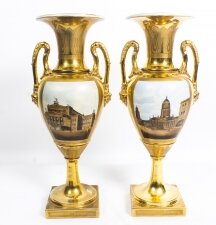 Antique Pair Continental Porcelain Double Handled Gilt Vases late19th C
