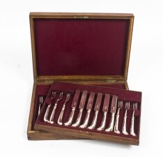 Antique Boxed Set 12 Pairs Pistol Grip Fruit Forks & Knives 1905