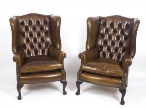Bespoke Pair Leather Chippendale Wingback Armchairs Hazel