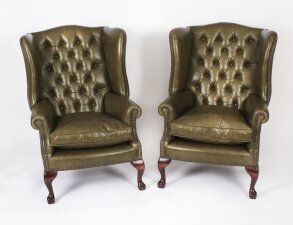 Bespoke Pair Leather Chippendale Wingback Armchairs Alga Green