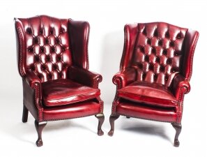 Bespoke Pair Leather Chippendale Wingback Armchairs Crimson