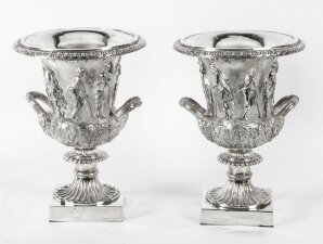 Antique Pair Silver Plated Grand Tour Borghese Bronze Campana Urns 19th C