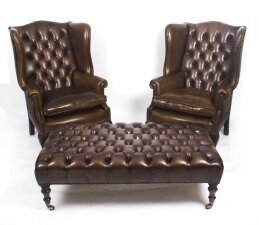 Bespoke Pair Leather Chippendale Wingback Armchairs with stool coffee table
