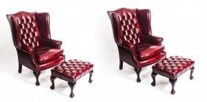 Bespoke Pair Leather Chippendale Wingback Armchairs & Pair Stools Crimson
