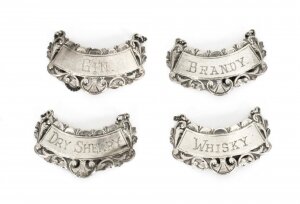 Vintage Set 4 Sterling Silver Drink Labels Whisky, Gin,Brandy Dry Sherry 20th C