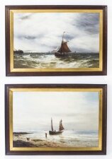 Antique Pair Oil on Canvas Seascape Paintings Gustave De Bréanski 19th Century