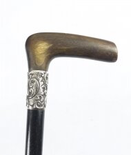 Antique Victorian Horn Handled Walking Cane Stick Silver Handle 19thC
