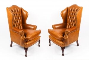 Bespoke Pair Leather Queen Anne Wingback Armchairs Bruciato