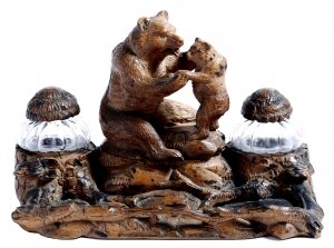 Antique Hand Carved Black Forest Bears Inkstand 19th Century