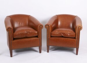 Bespoke Pair English Handmade Amsterdam Leather Arm Chairs Malt