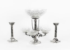 Antique Silver Plated  Pair Candlesticks & Centrepiece 5 Cut Glass Bowls 19th C | Ref. no. 09098 | Regent Antiques