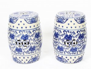 Pair Japanese  Blue & White Ceramic Garden Seats 20th Century | Ref. no. 09349b | Regent Antiques