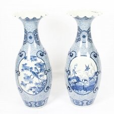 Antique Pair Japanese Meiiji Imari Blue & White Arita Porcelain Temple Vases 19C