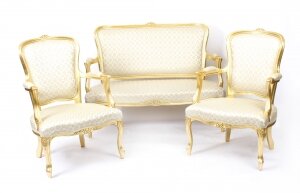 Superb Bespoke Louis Revival Giltwood Pair Armchairs & Sofa Suite