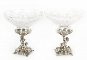Antique Pair English Victorian Silver Plate & Cut Glass Centrepieces 1883 19th C Antique Pair English Victorian Silver Plate & Cut Glass Centrepieces 1883 19th C