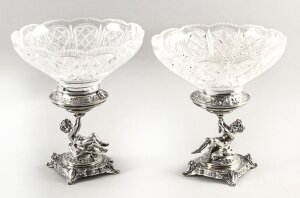 Antique Pair English Victorian Silver Plate & Cut Glass Centrepieces 1883 19th C