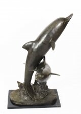 Vintage Bronze Statue of Dolphins Riding the Waves Late 20th C