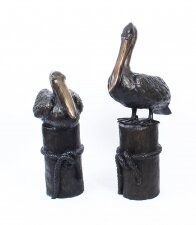 Vintage Large Pair Bronze Pelicans on Mooring Posts Late 20th Century