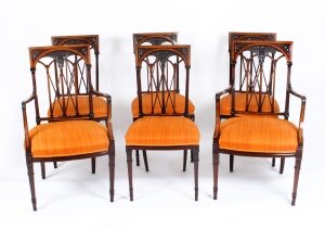 Antique Set 6 Sheraton Revival Mahogany and Satinwood Dining Chairs Ca 1900 | Ref. no. A1078 | Regent Antiques