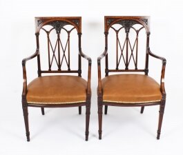 Antique Pair Sheraton Revival Satinwood Banded Arm Chairs 19th Century